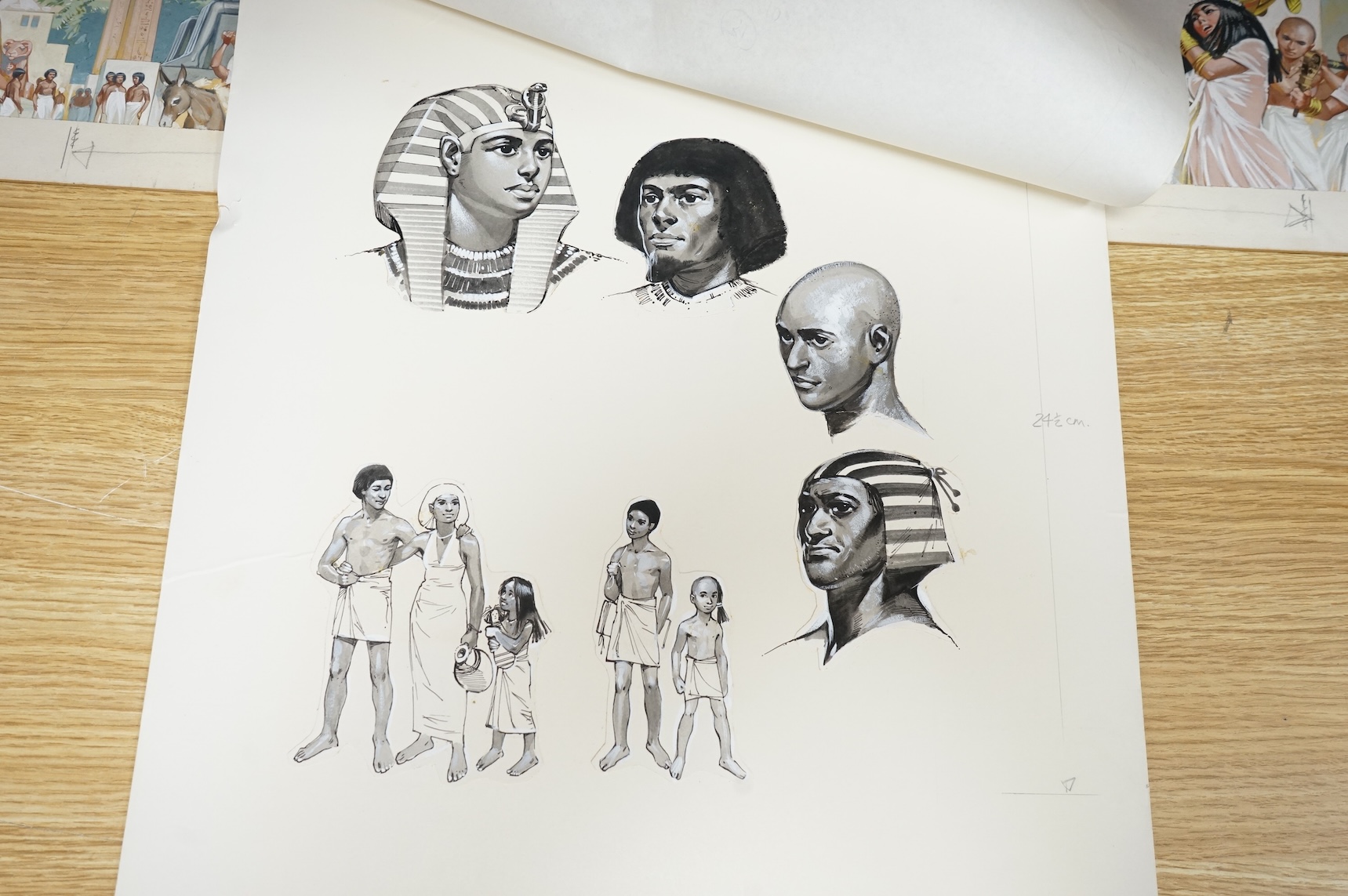 Angus McBride (1931-2007), five illustrations from 'One day in Tutankhamun's Egypt' to include Processions, Pyramid building and Studies of Pharoahs, watercolour and gouaches, largest 38 x 80cm, unframed, together with t